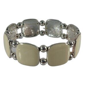Silver Tone Cream Enamel Stretch Bracelet Square Panels